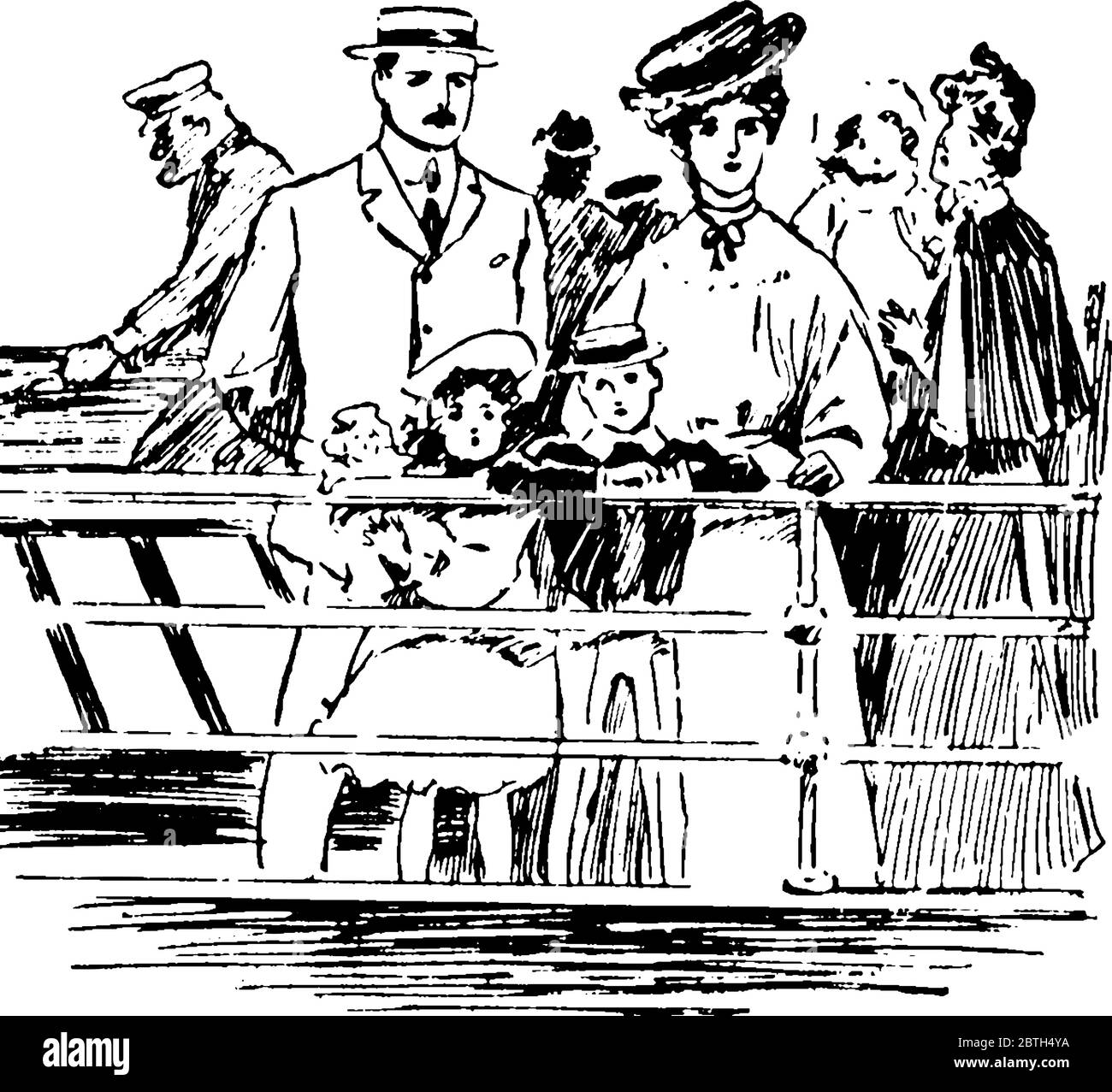 The picture depicts few men and children with their toys, travelling by boat and admiring the scenic view, vintage line drawing or engraving illustrat Stock Vector