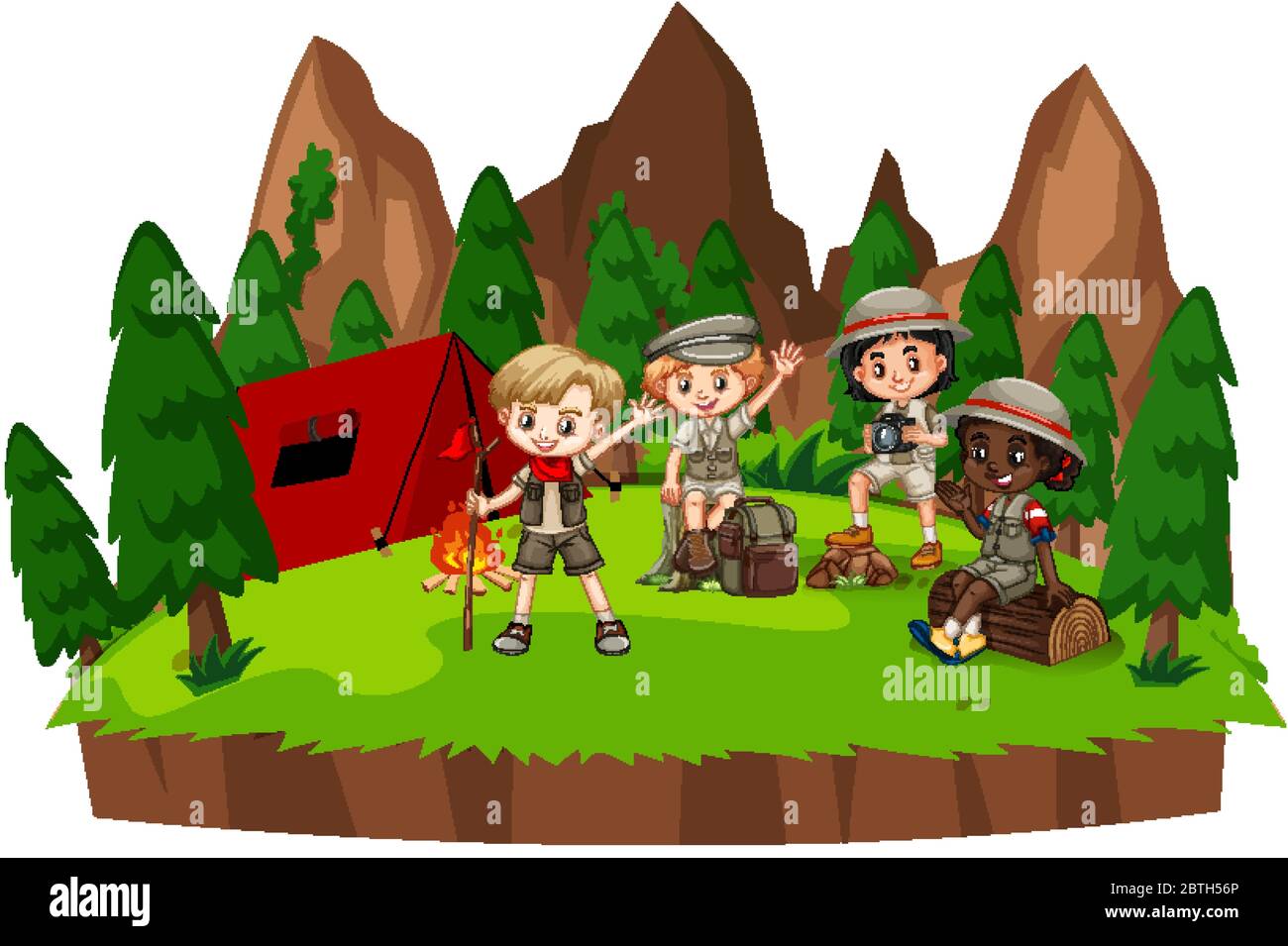 Scene with children camping in the forest illustration Stock Vector ...