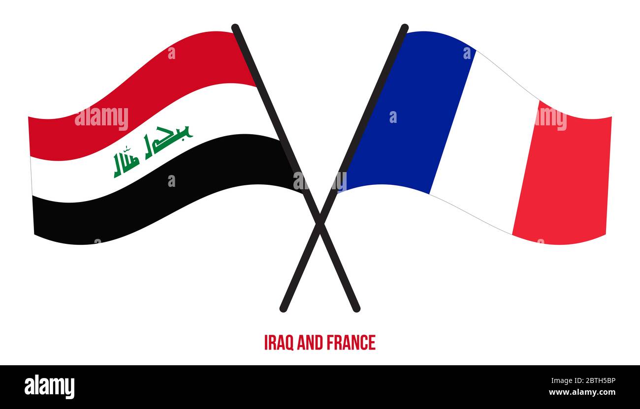 Iraq and France Flags Crossed And Waving Flat Style. Official Proportion. Correct Colors. Stock Photo