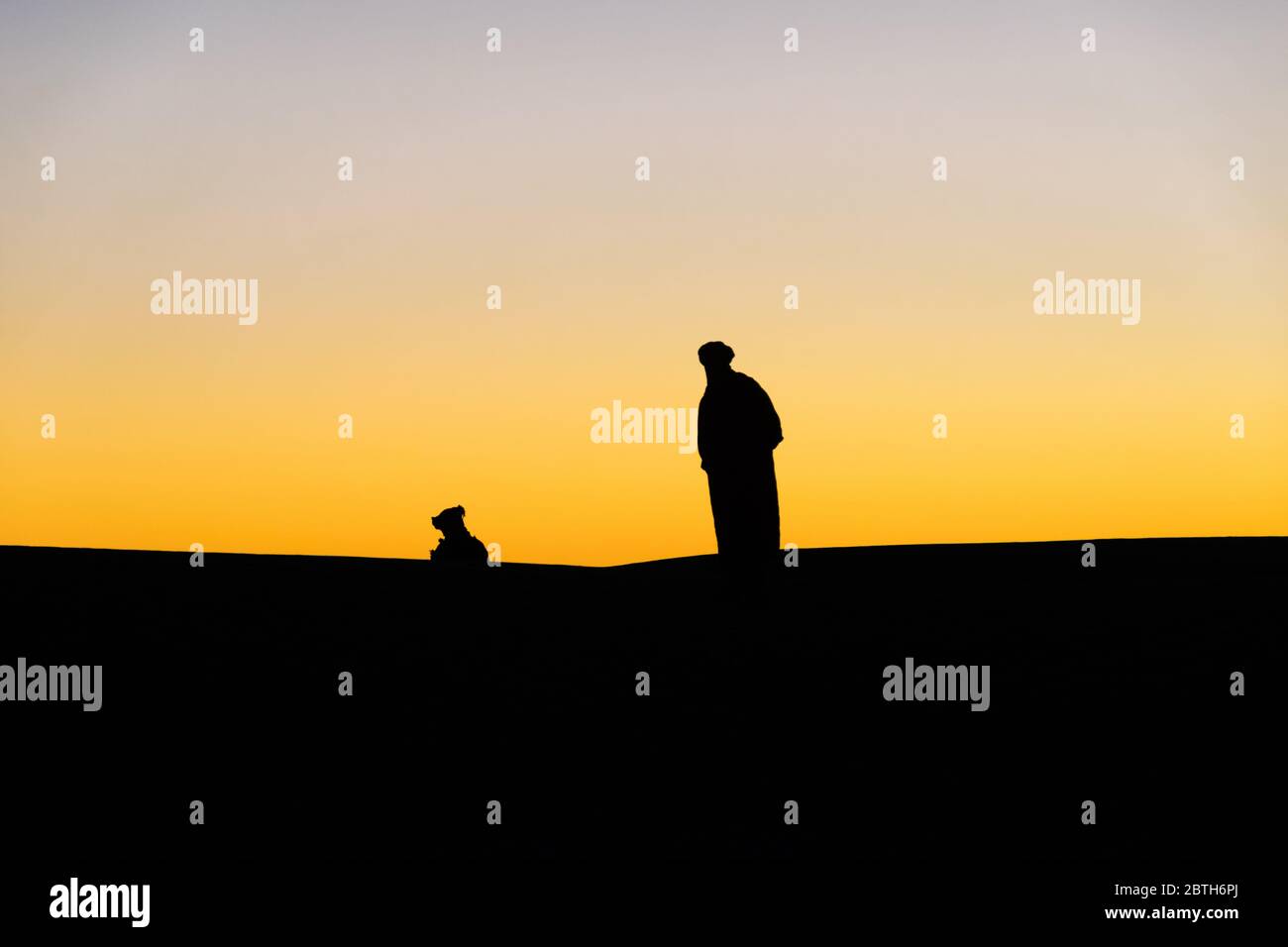 A silhouette a man and his dromadaire at sunset Stock Photo - Alamy
