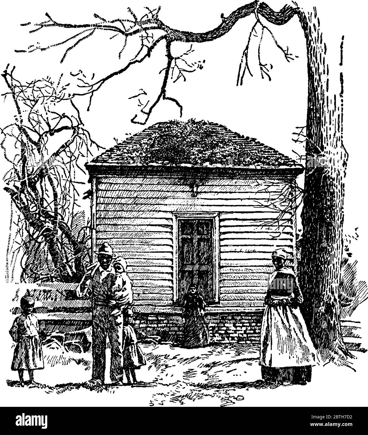 School-house with some people and children standing. It was in this place, where Thomas Jefferson received his early education, vintage line drawing o Stock Vector