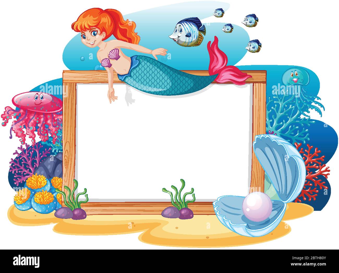 Mermaid and sea animal theme with blank banner cartoon style on white  background illustration Stock Vector Image & Art - Alamy