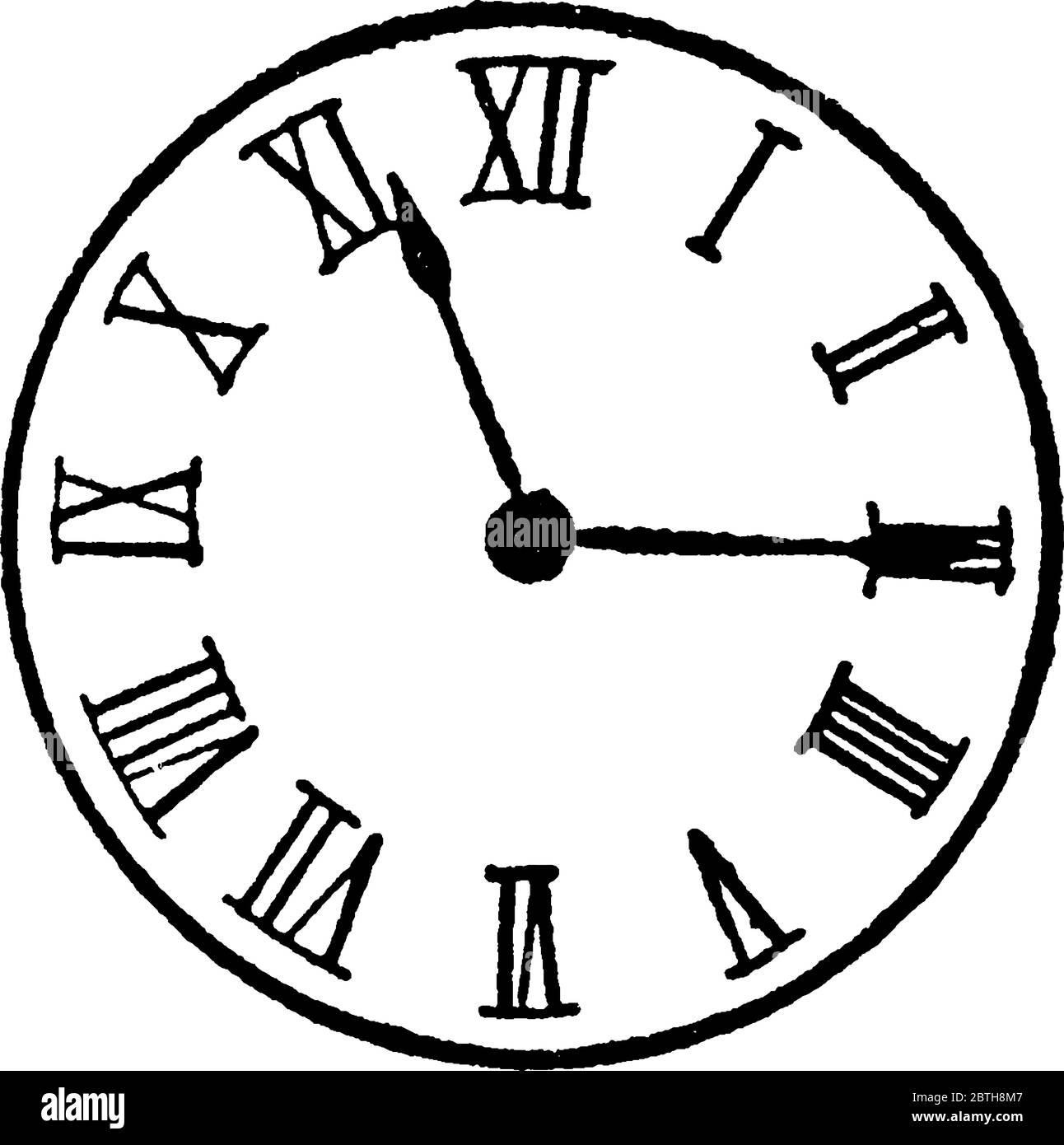 Figure showing analogue clock with roman numbers, and its fifteen past