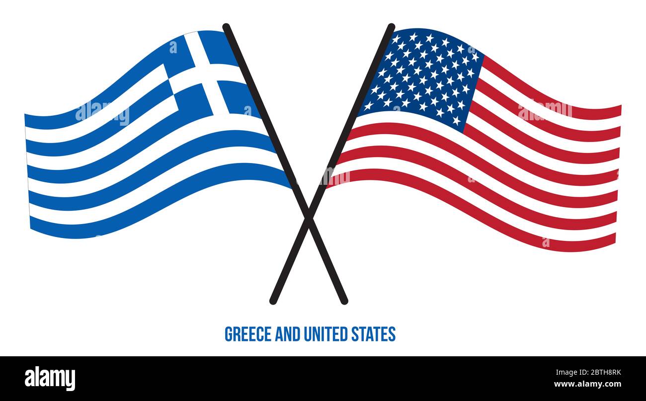 Greece and United States Flags Crossed And Waving Flat Style. Official