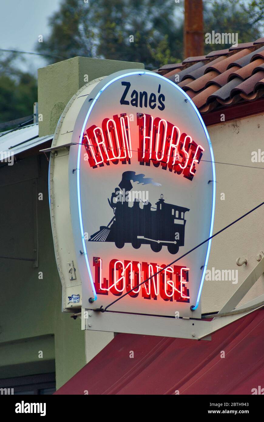 Lounge neon sign at Washington Street, Sonora, Gold Country, California, USA Stock Photo