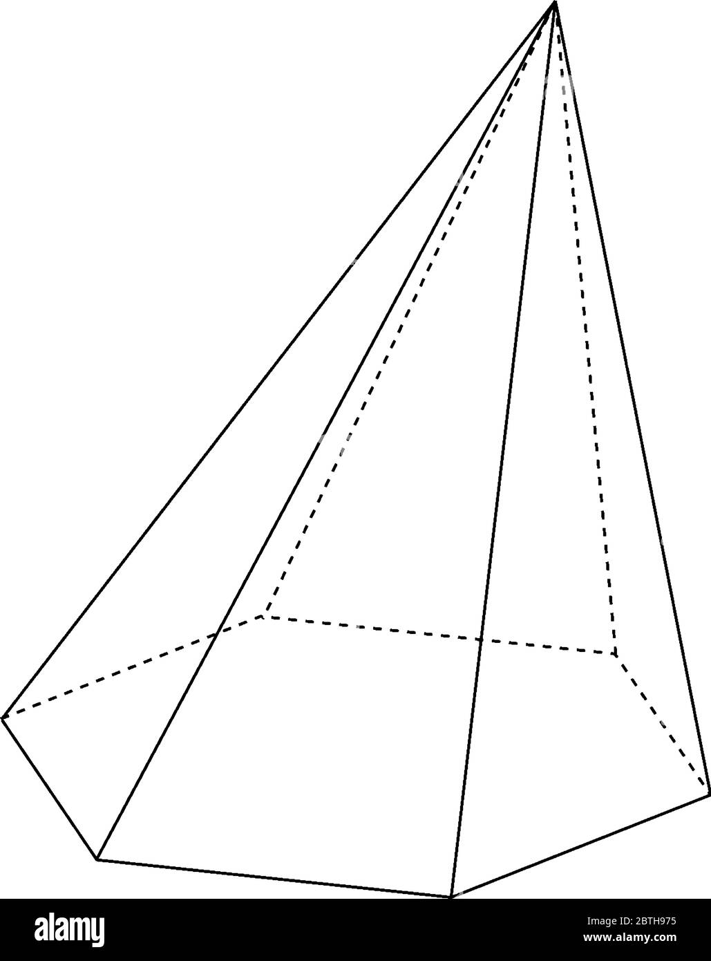 Geometric construction of a non-right, or skewed, hexagonal pyramid with hidden edges shown. The base is a hexagon and the faces are isosceles triangl Stock Vector