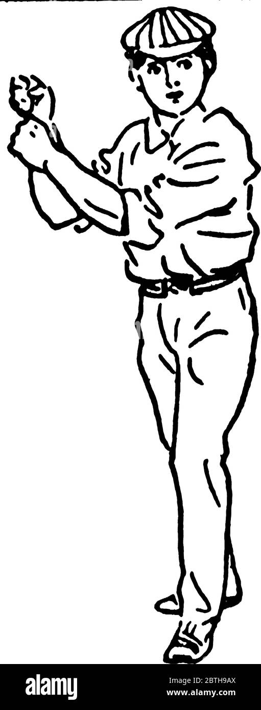 A boy with hat standing in karate position, vintage line drawing or engraving illustration. Stock Vector