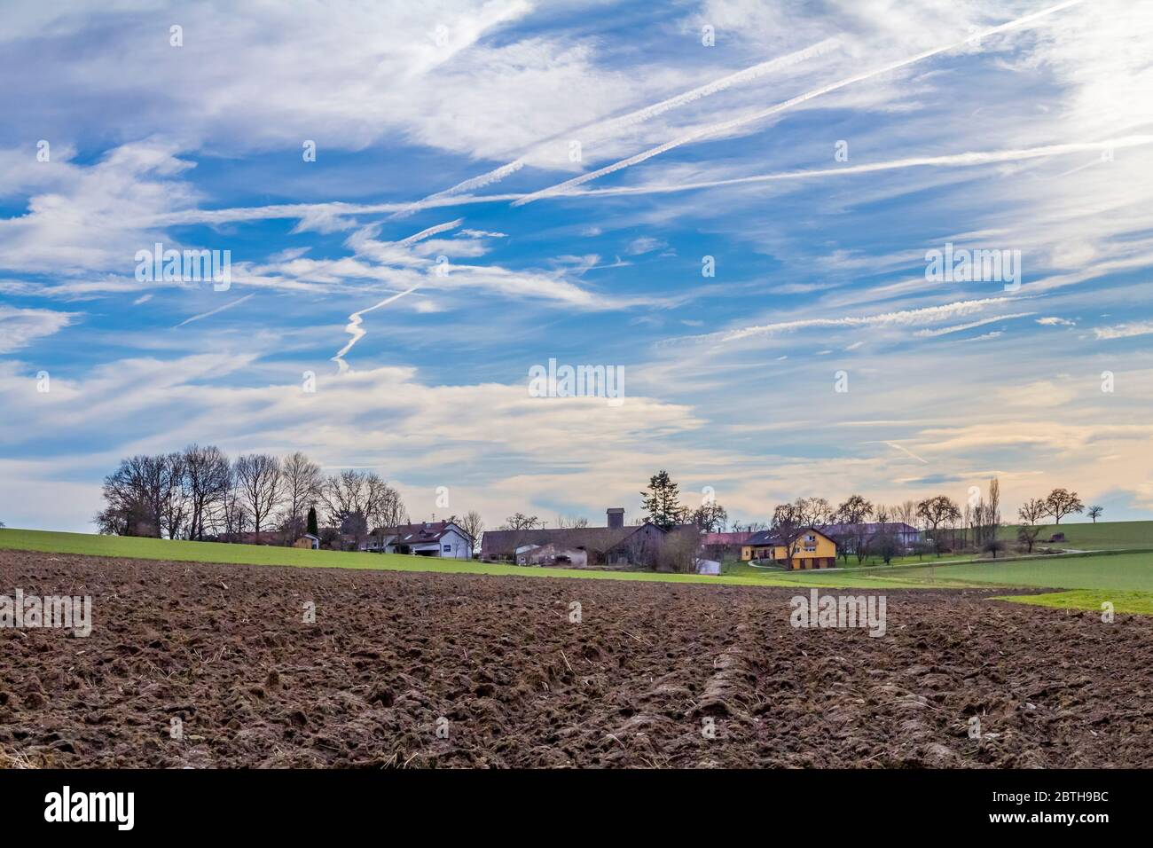 rural scenery including a interesting evening sky in Southern Germany Stock Photo