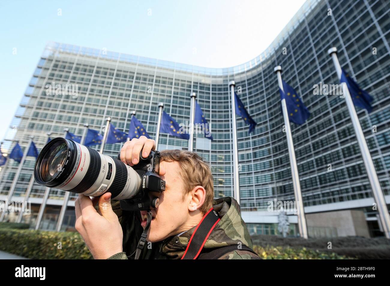 EU Flags outside The European Parliament, Brussels, Belgium - 02 Mar 2011 Stock Photo