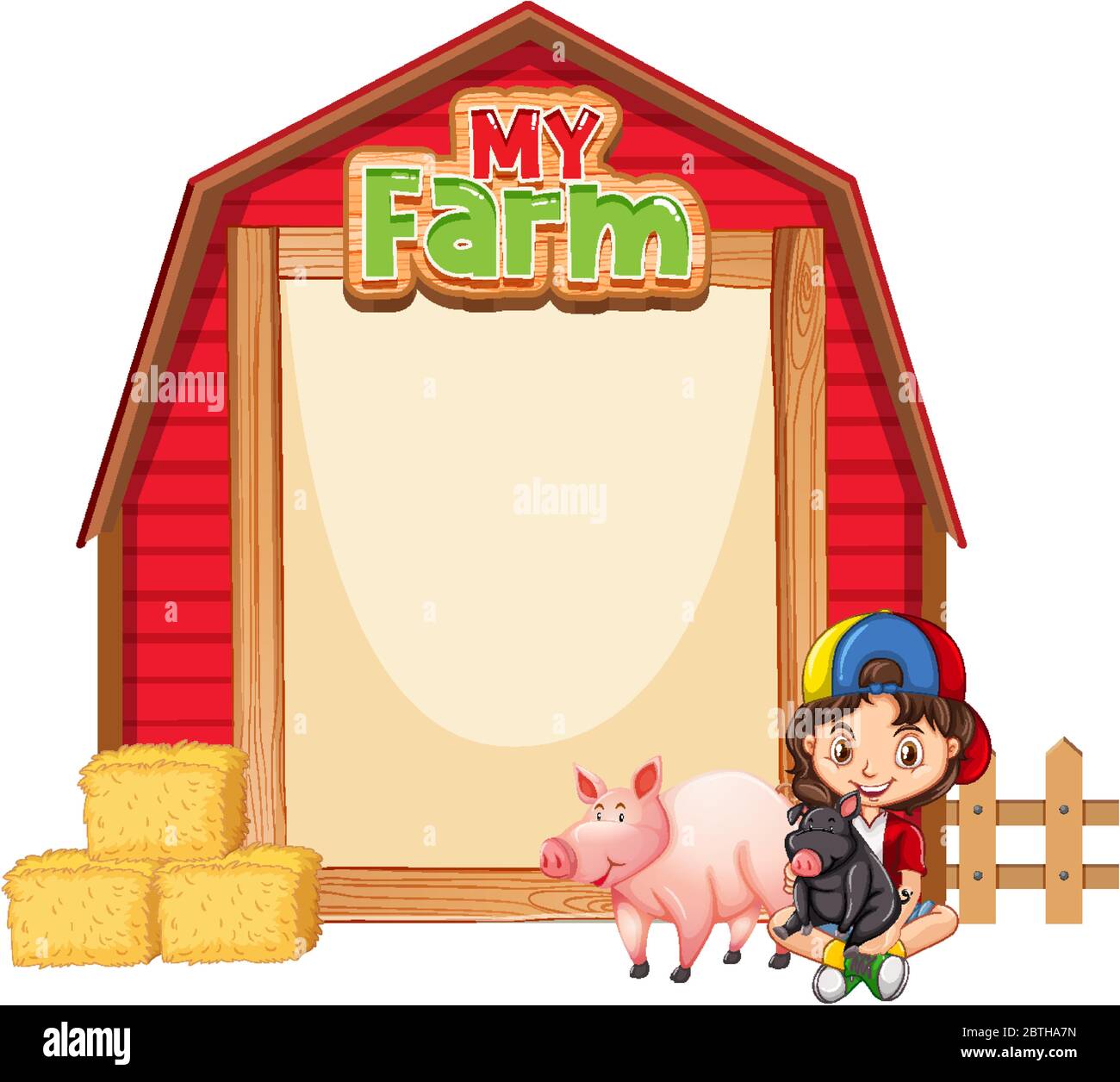 Border template design with girl and farm animals illustration Stock ...