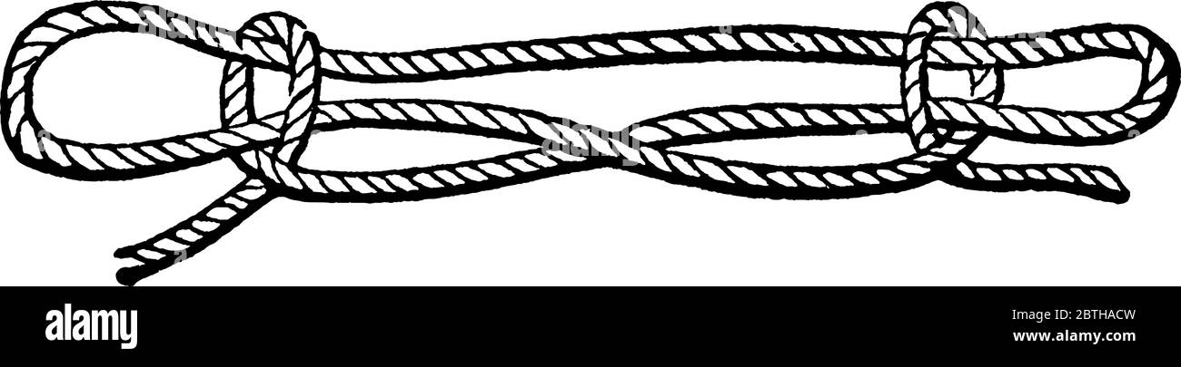 The sheepshank, a kind of knot, hitch, or bend made on a rope to shorten it temporarily, vintage line drawing or engraving illustration. Stock Vector