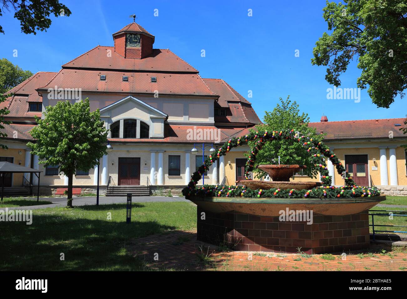 Carbonated Hall (1910) of the historic health resort, terrace Therme in Bad Colberg, place with mineral spring spa treatment, Heldburger country Heldb Stock Photo