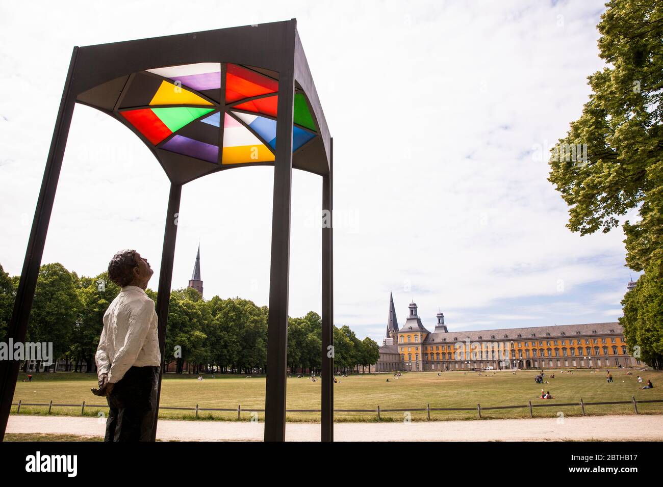 August Macke monument in the Hofgarten, bronze sculpture and pavilion by Stephan Balkenhohl, in the background the University, Bonn, North Rhine-Westp Stock Photo
