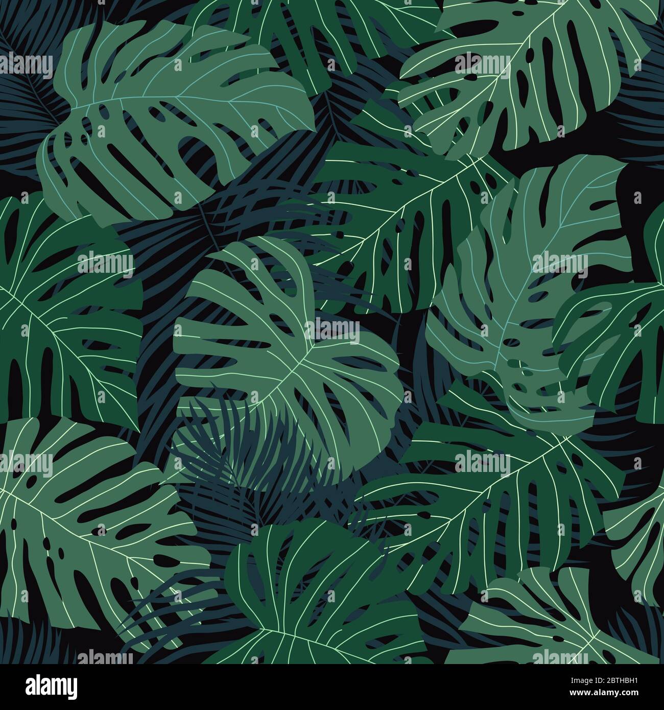 Seamless pattern with tropical leaves on a dark. Cartoon vector ...