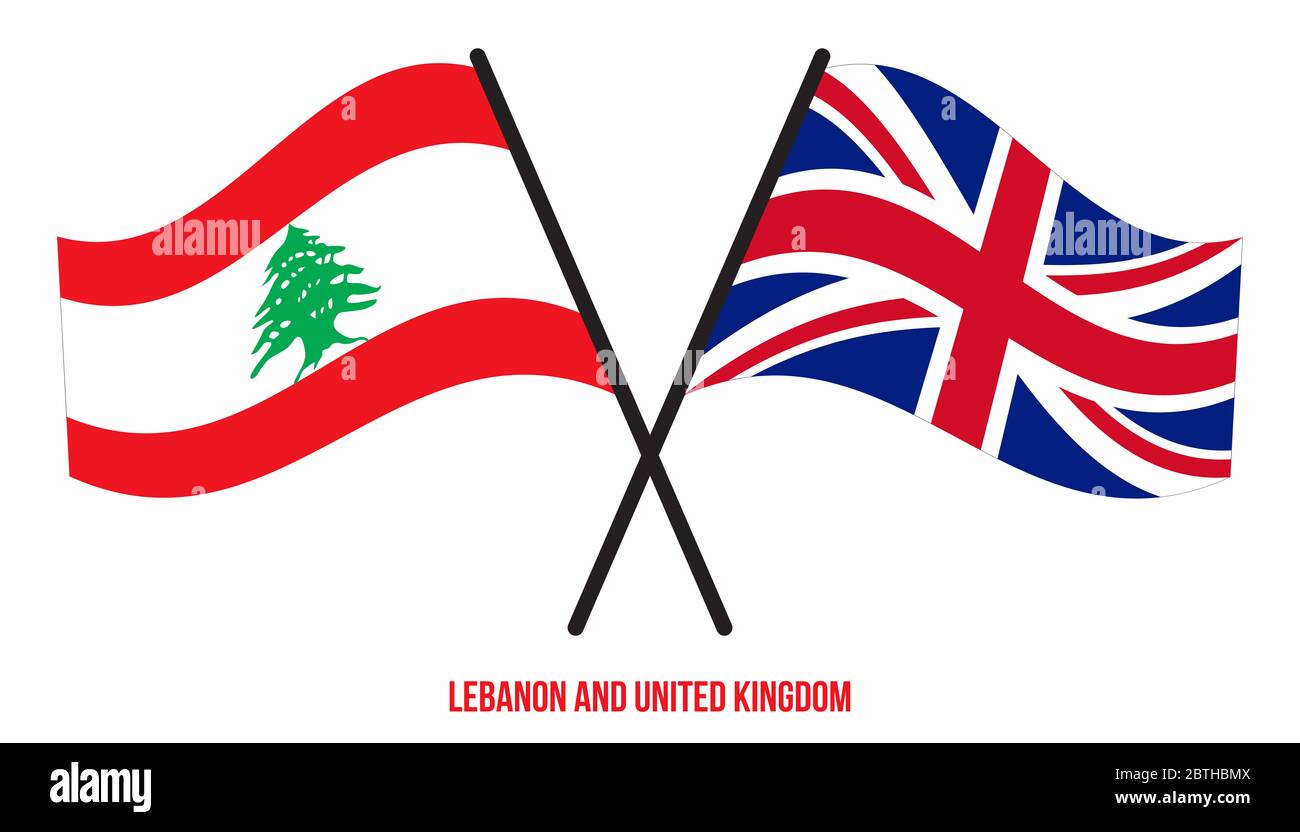 Lebanon and United Kingdom Flags Crossed And Waving Flat Style