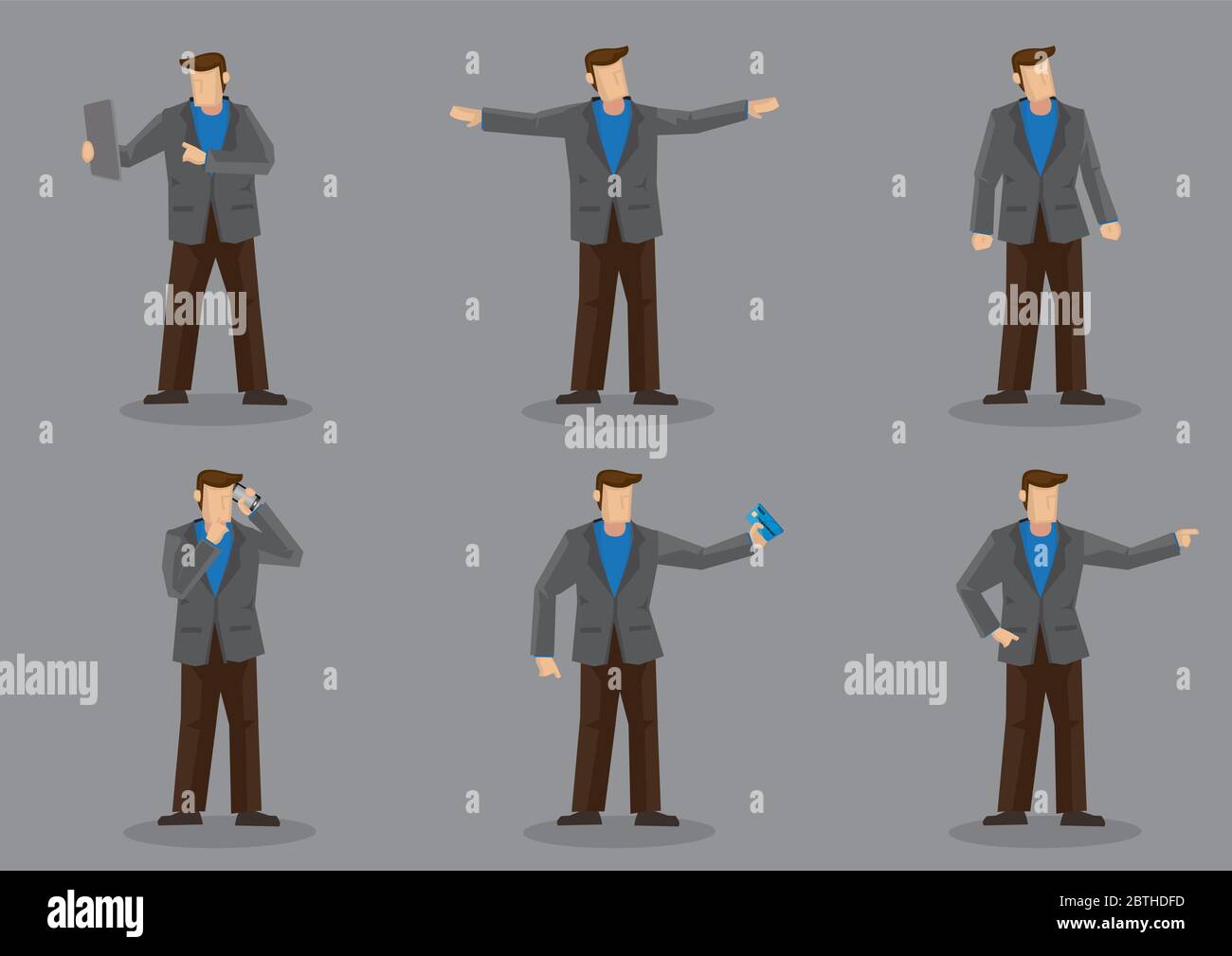 Set of six vector illustrations of cartoon man in grey suit and brown trousers isolated on grey background. Stock Vector