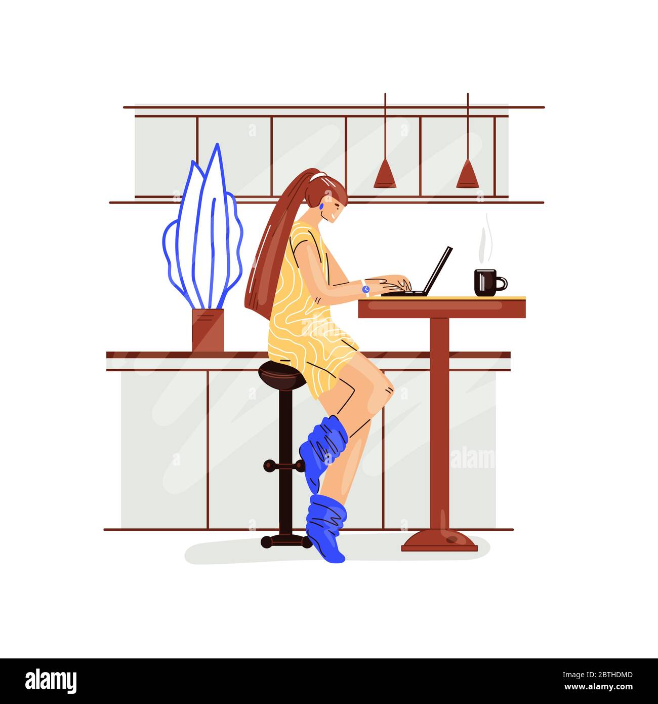 Freelance woman work in comfortable cozy home office in kitchen vector flat illustration. Freelancer girl character working from home at relaxed pace Stock Vector