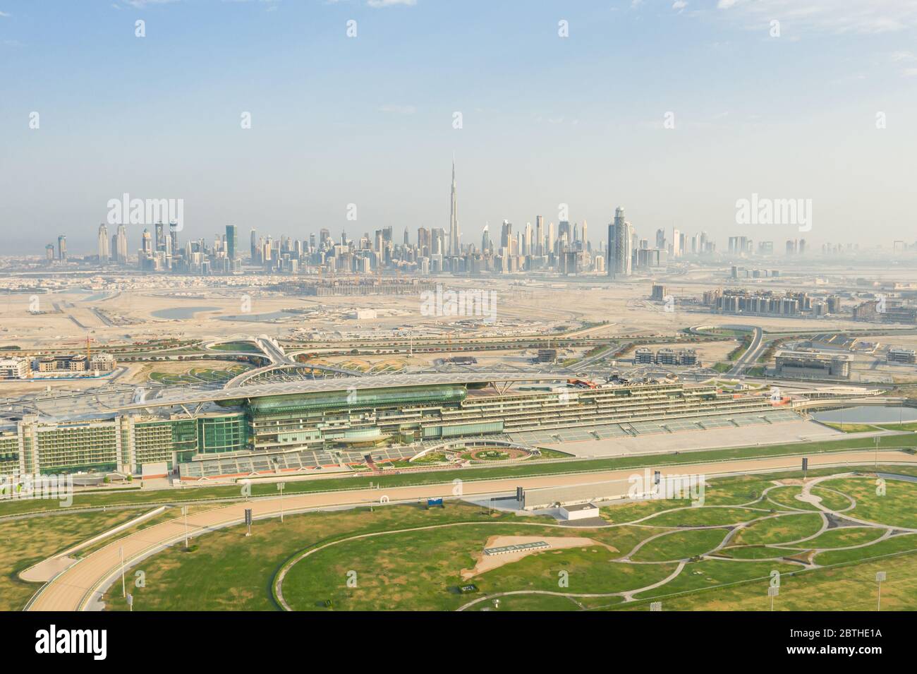 Dubai, UAE - May 24, 2020: Dubai Downtown skyline as viewed from the Meydan racing complex. Stock Photo