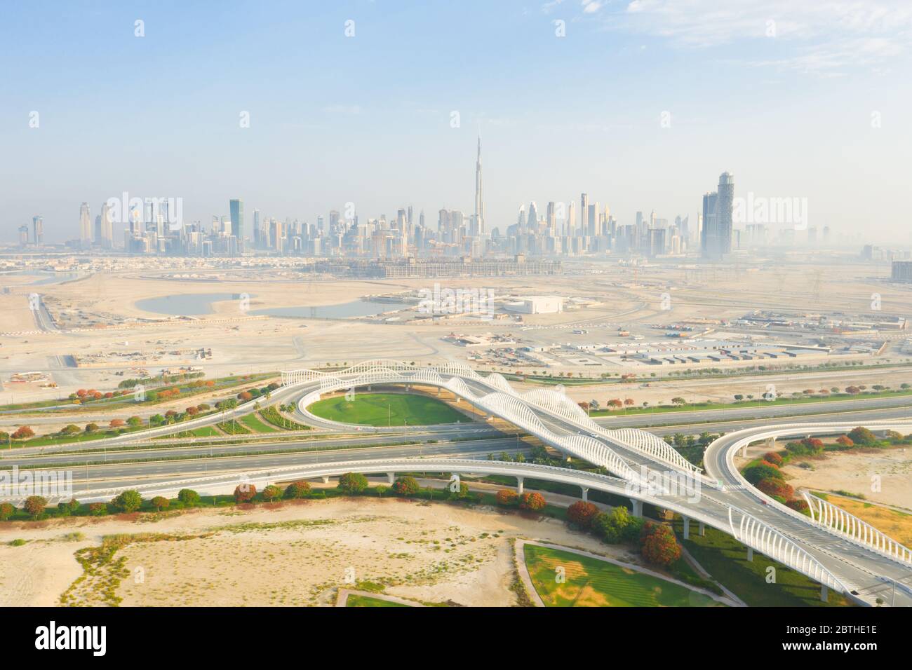 Dubai Downtown skyline as viewed from the Meydan racing complex. Stock Photo