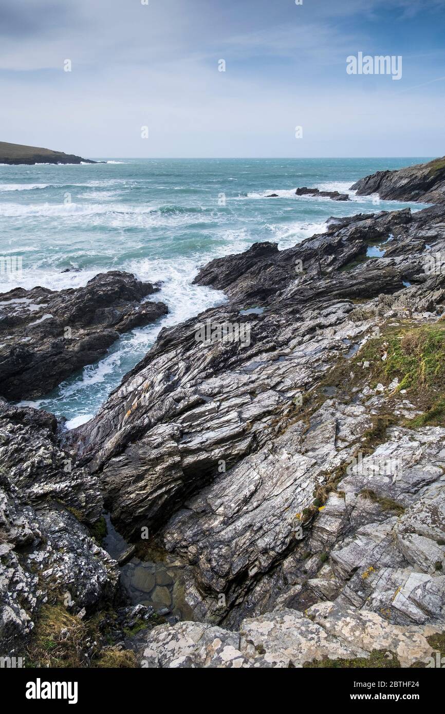 The rocky wild coast around the pictureque Crantock Beach in Newquay in Cornwall. Stock Photo