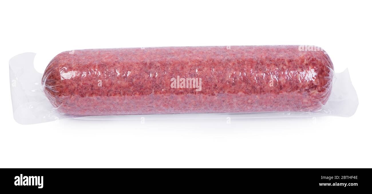 Vacuum packed salami sausage isolated on white background Stock Photo Alamy