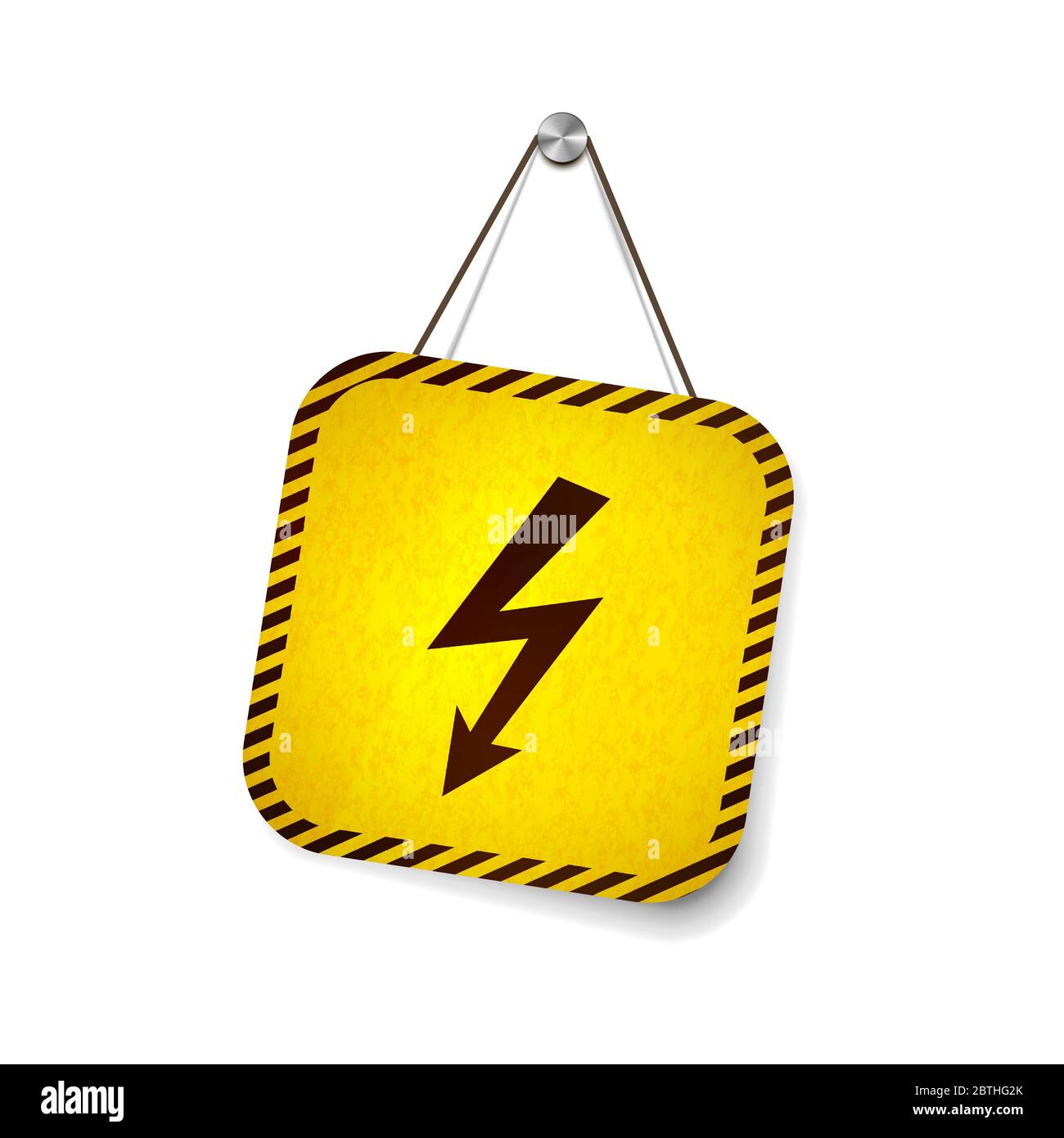 High voltage grunge warning sign hanging on the rope isolated on white ...