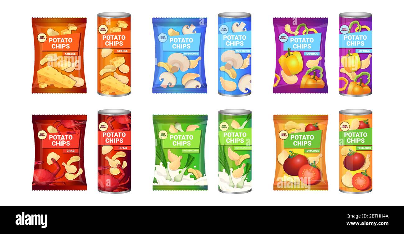 set potato chips with different flavors advertising composition of crisps potatoes and