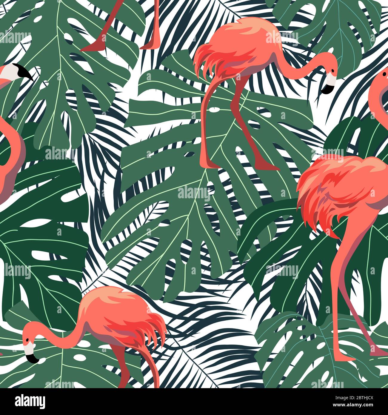 Seamless pattern with pink flamingos on background with tropical leaves ...
