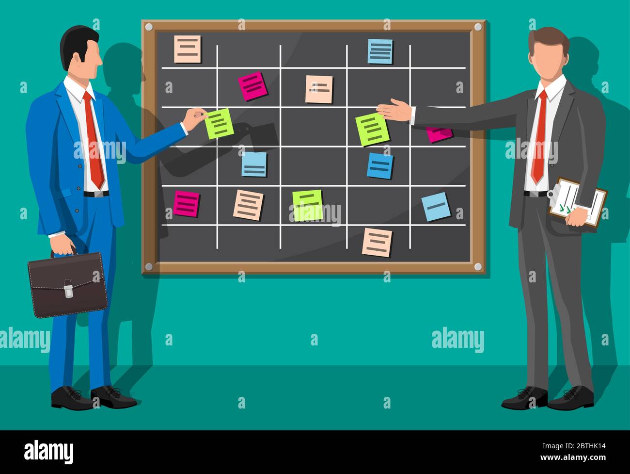 Scrum agile board and businessman. Bulletin board hanging on wall full of  tasks on sticky note cards. List of event for employee. Development, team  work, agenda, to do list. Flat vector illustration
