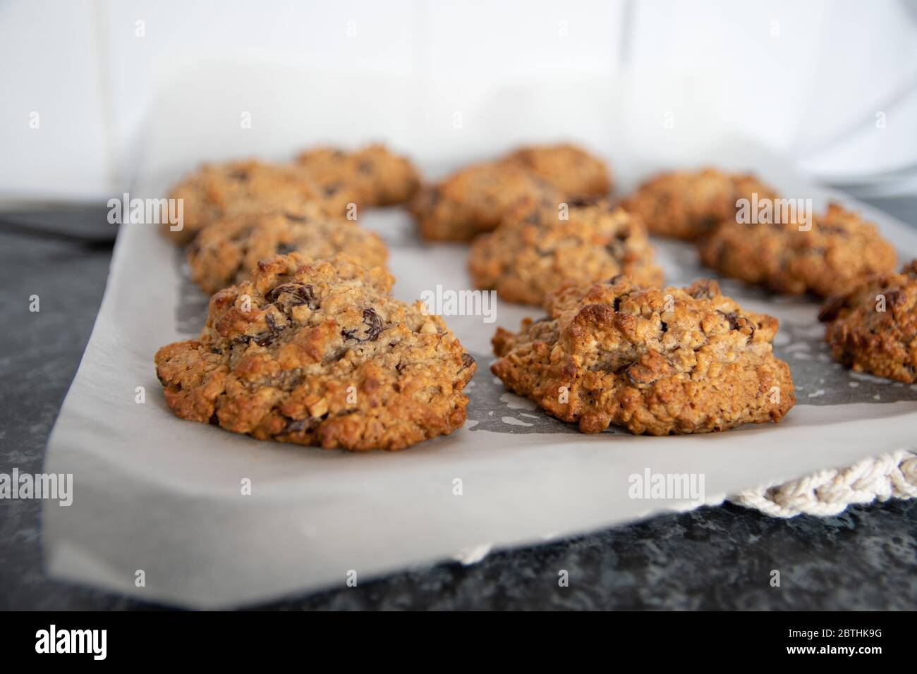 A fresh batch of oven baked oat biscuits and cookies with raisins Stock Photo