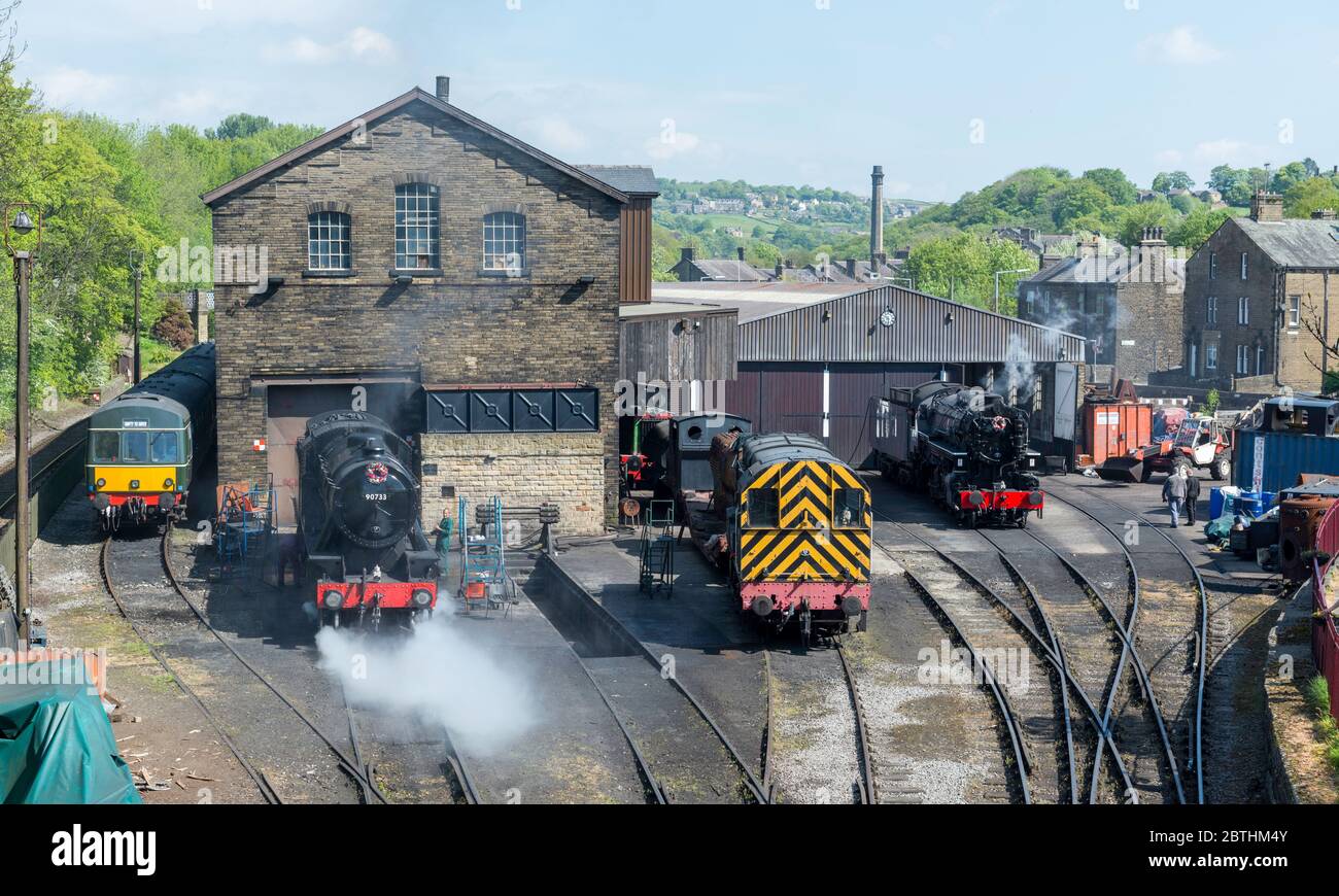 Steam and diesel locomotives outside the engine sheds at Howarth on the Keighley and Worth Valley heritage railway, West Yorkshire Stock Photo