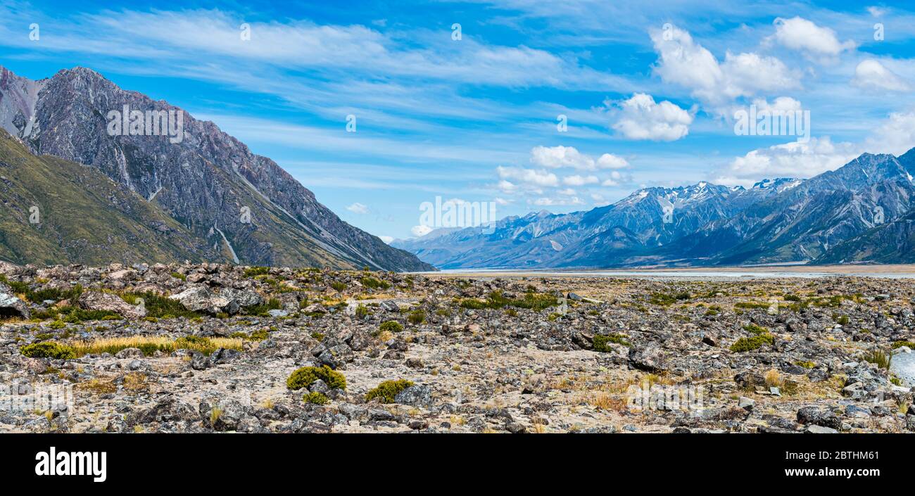 View towards Lake Pukaki from the Mount Cook National Park in the Canterbury Region in New Zealand Stock Photo