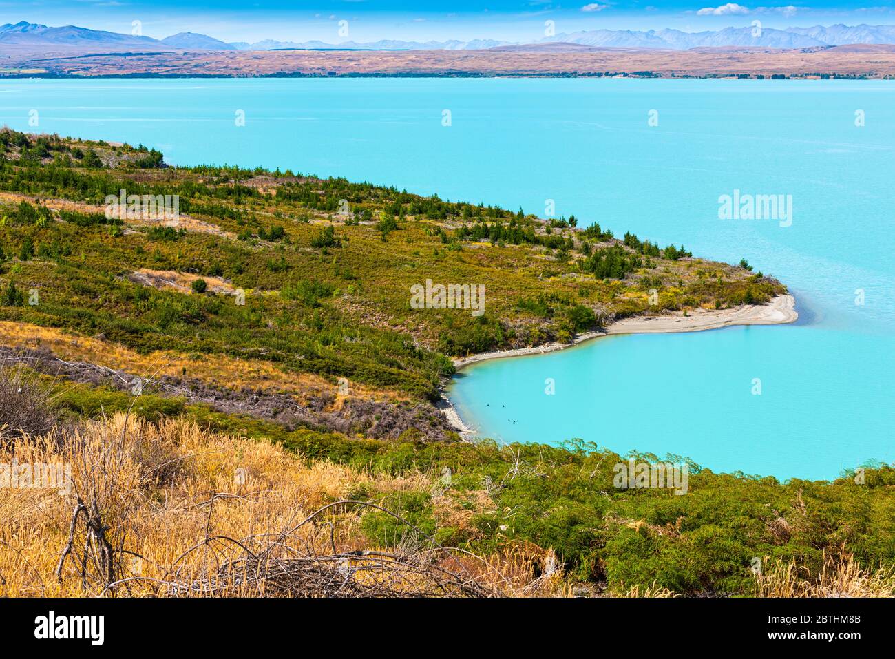 Lake Pukaki, a glacial / alpine lake on the edge of the Mount Cook National Park in the region of Canterbury, New Zealand Stock Photo