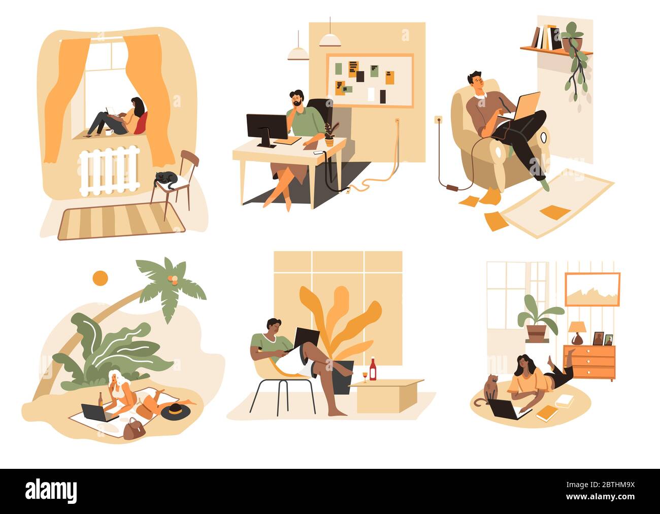 People at home using laptops and modern technologies Stock Vector