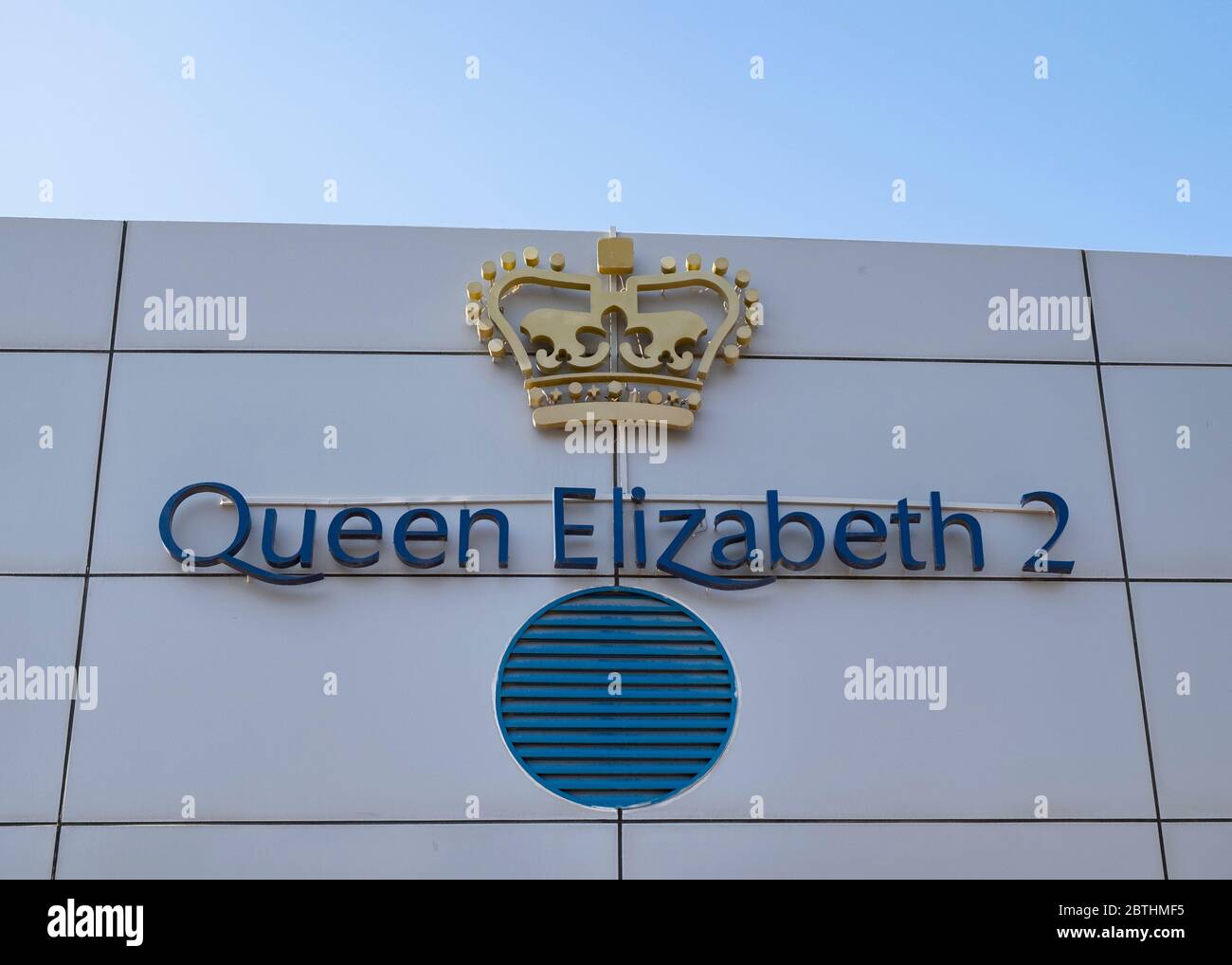 Queen Elizabeth 2 sign and logo in Dubai, United Arab Emirates. Stock Photo