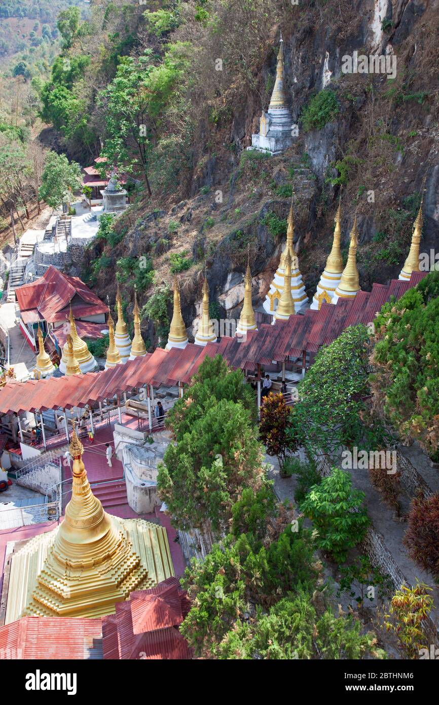 View of Pindaya and the staircase to Shwe Oo Min Pagoda, Pindaya village, state of Shan, Myanmar, Asia Stock Photo