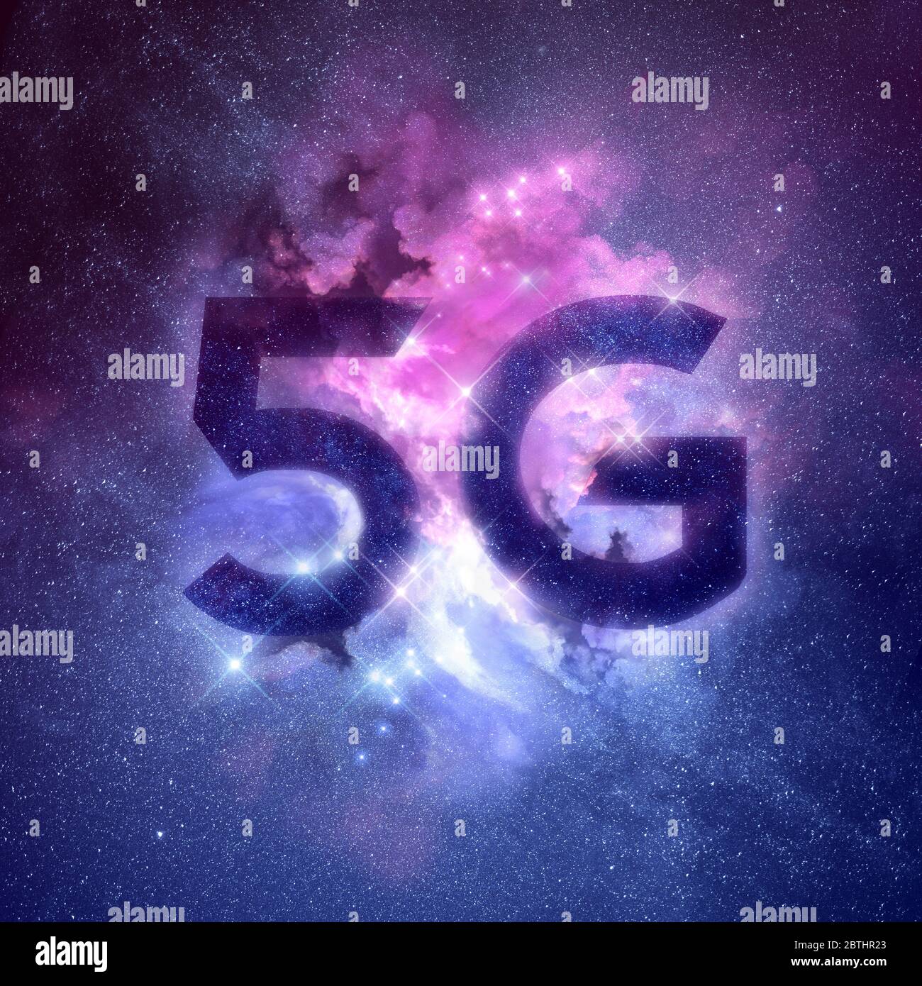 A galaxy nebula with 5G written in the stars. Fast 5G mobile wireless networking technology concept. Illustration. Stock Photo