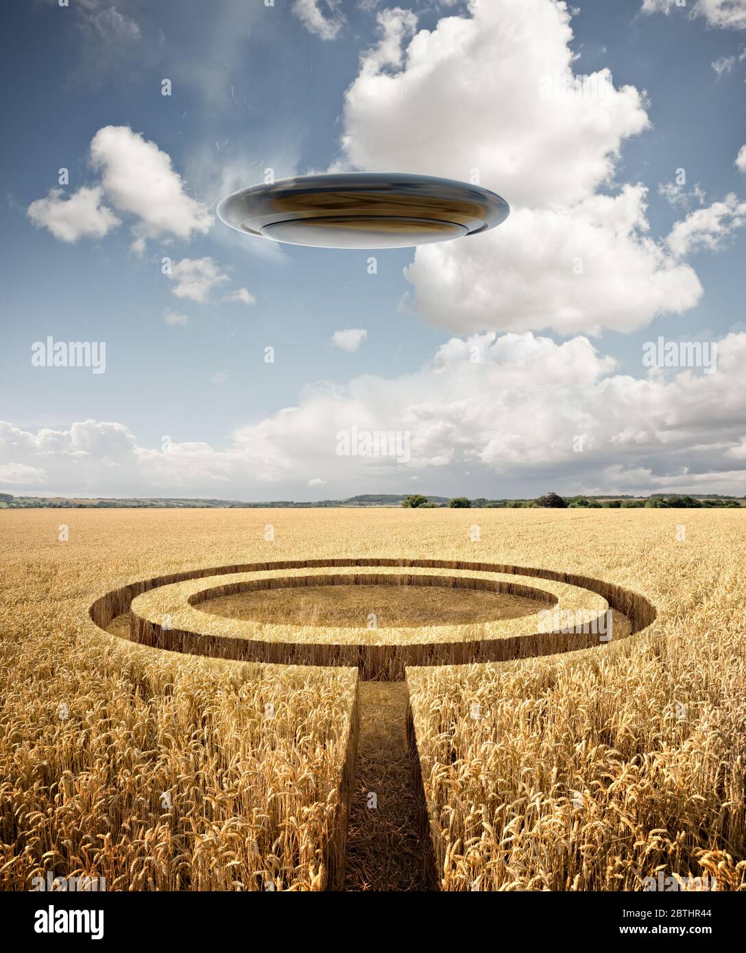 Stranger summer encounter. A UFO leaves crop circles in a wheat crop on a hot summers day. Mixed Media 3D Illustration. Stock Photo