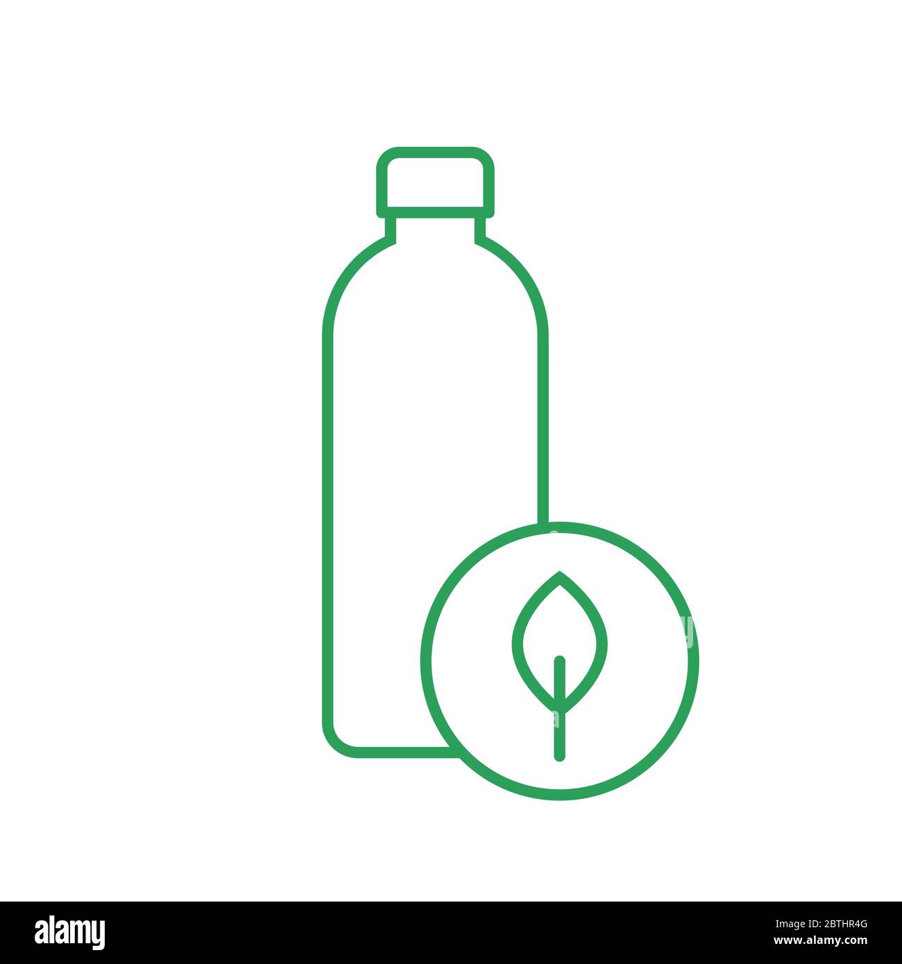 Biodegradable water bottle thin line icon. Bottle with a leaf
