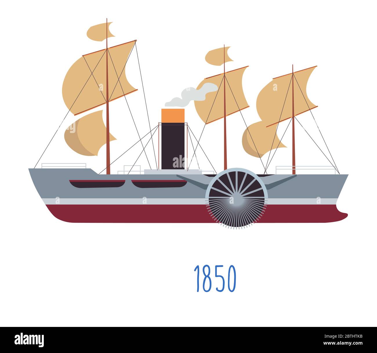 Steam boat with sails and tube with smoke Stock Vector