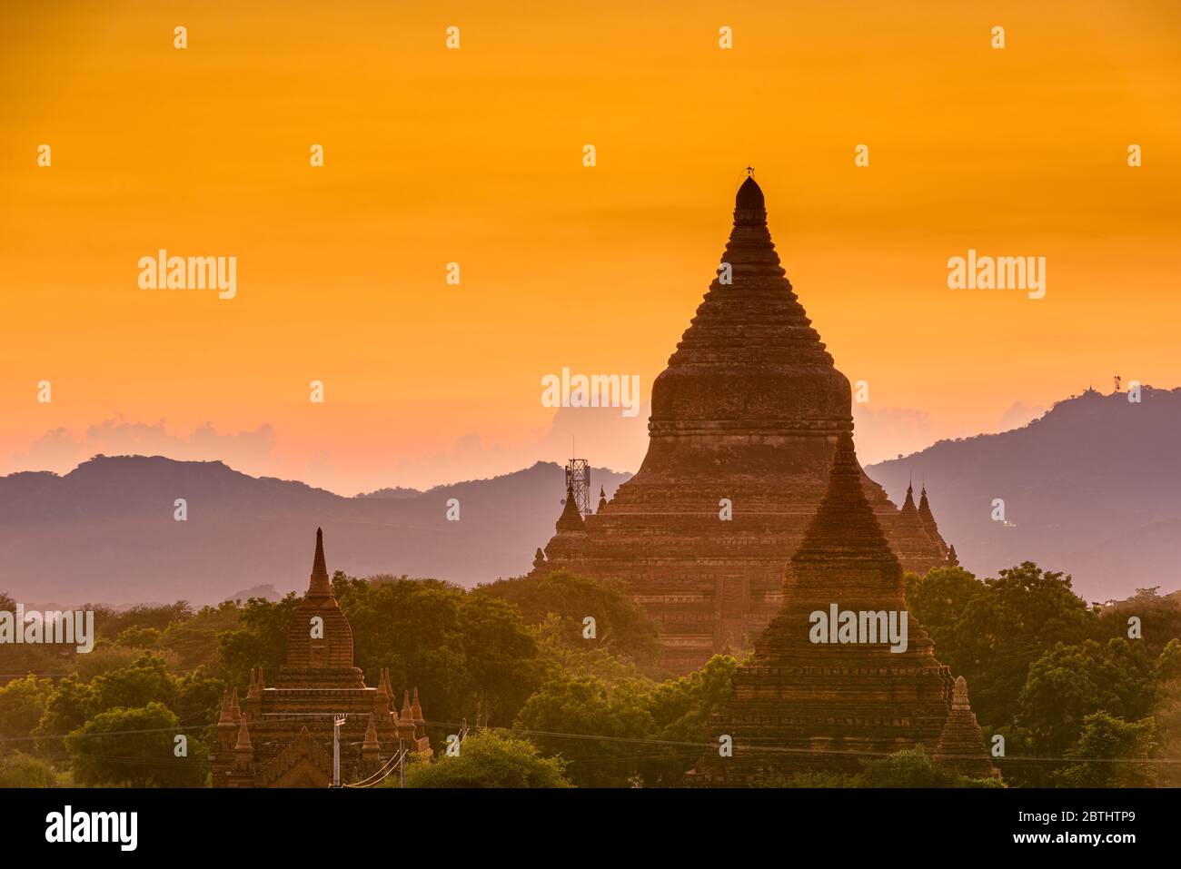 Bagan, Myanmar temples in the Archaeological Zone at dusk. Stock Photo
