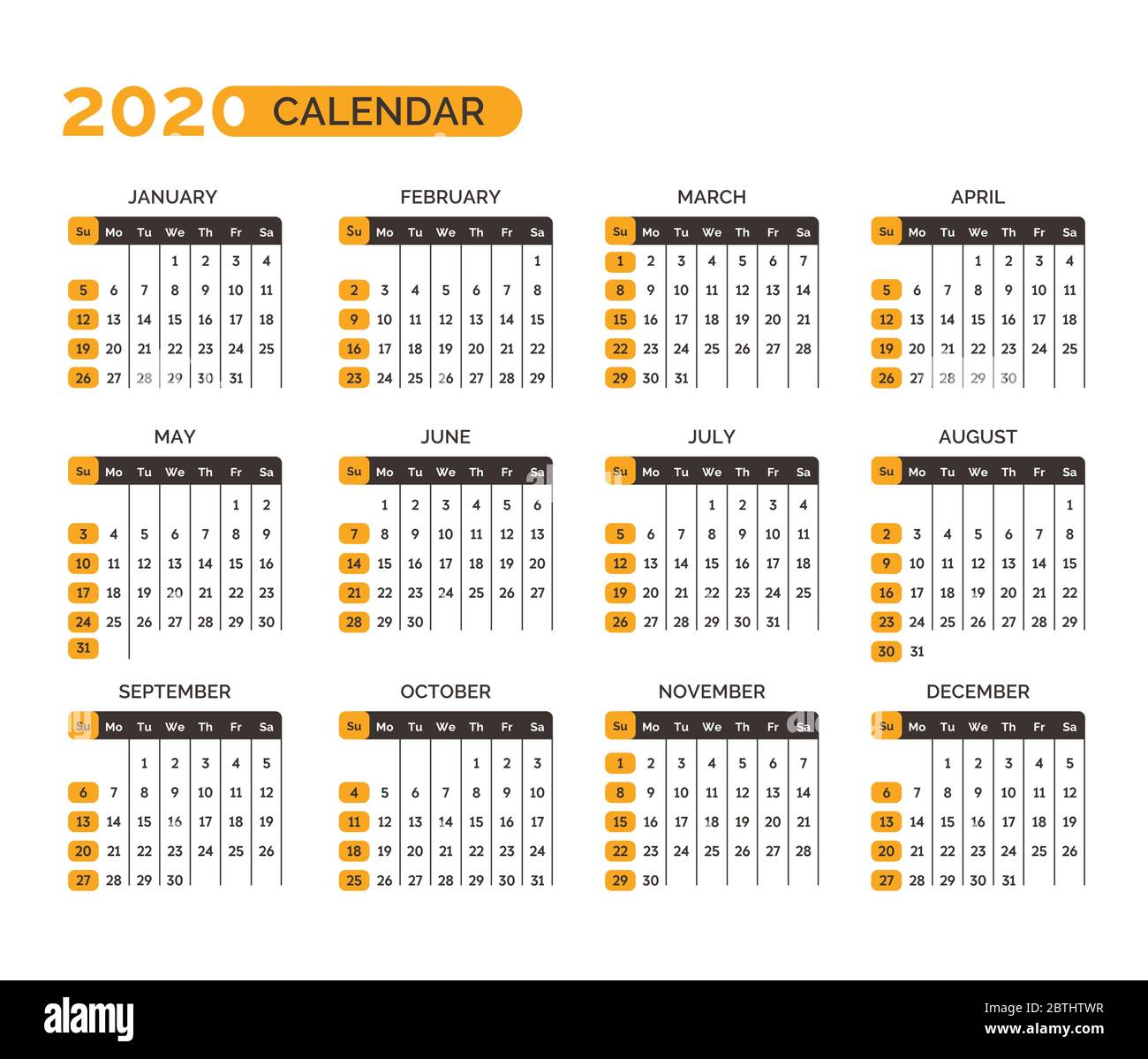 Calendar for 2020 year with months and weeks vector Stock Vector Image