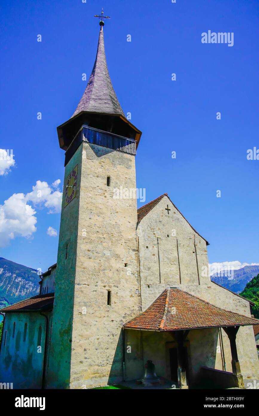 Church by Spiez Castle is the 1000-year old in early Romanesque style, Lake Thun, Bernese Oberland, Bern canton, Switzerland. Stock Photo