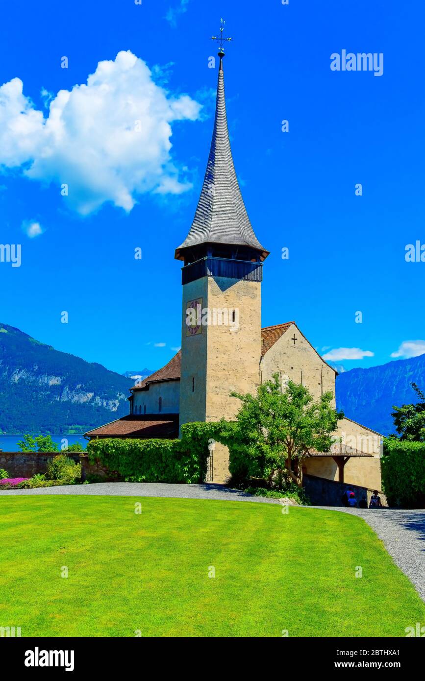 Castle Church Spiez Castle is the 1000-year old early Romanesque church, Lake Thun, Bernese Oberland, Bern canton, Switzerland. Stock Photo