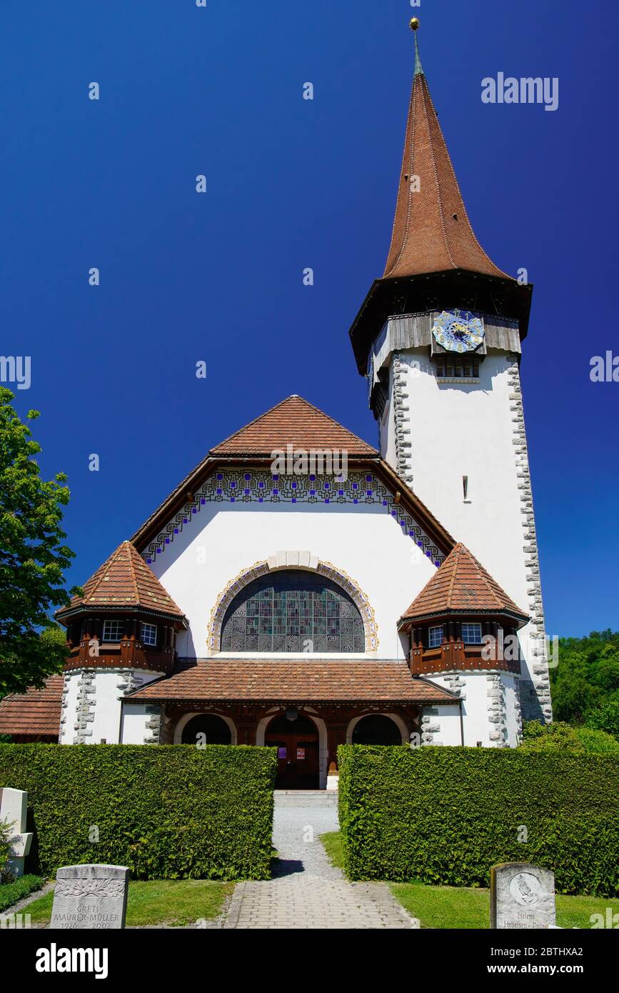 Reformed church in Spiez  built in 1907, Bernese Oberland in the canton of Bern Switzerland. Stock Photo