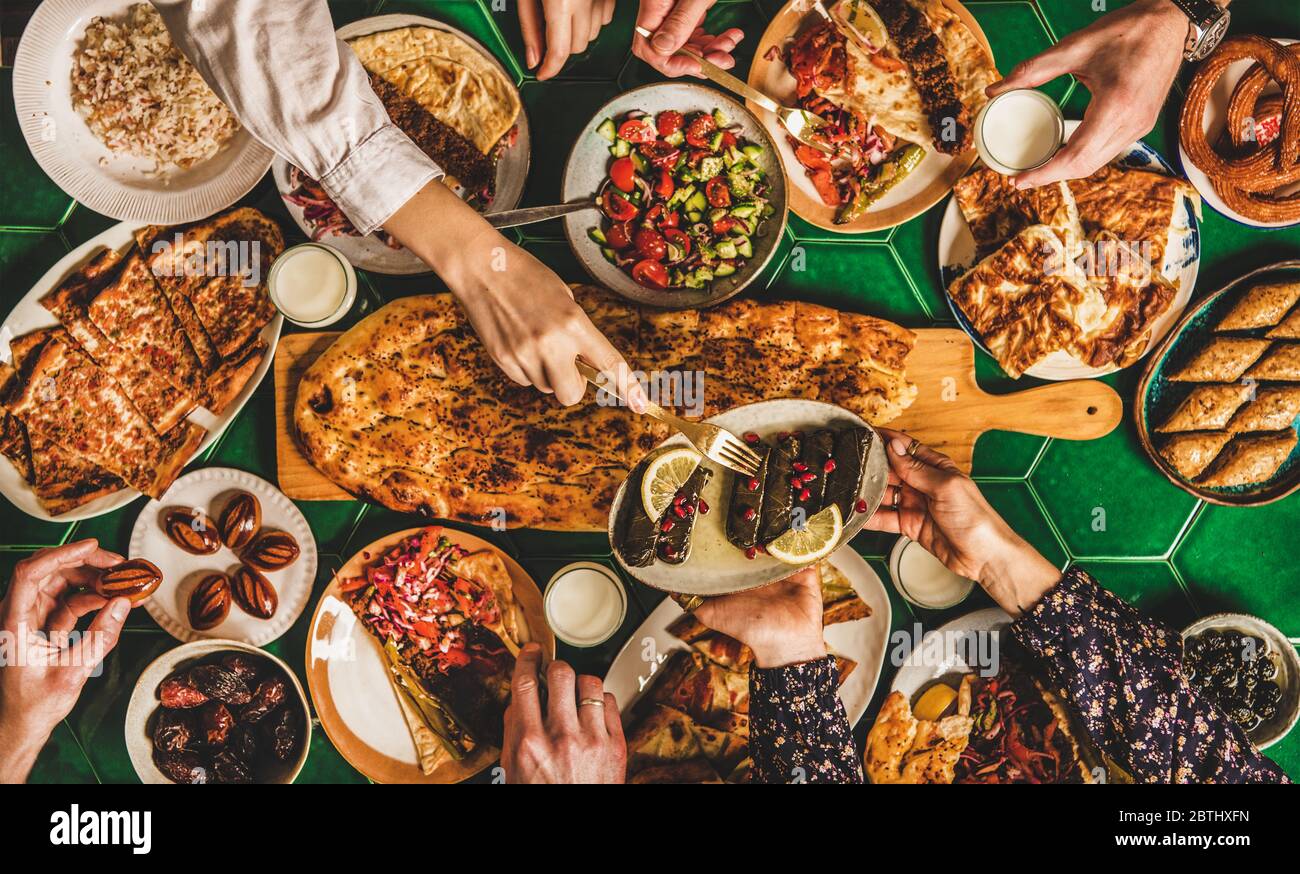 Muslim Ramadan iftar family dinner table with traditional Turkish foods Stock Photo