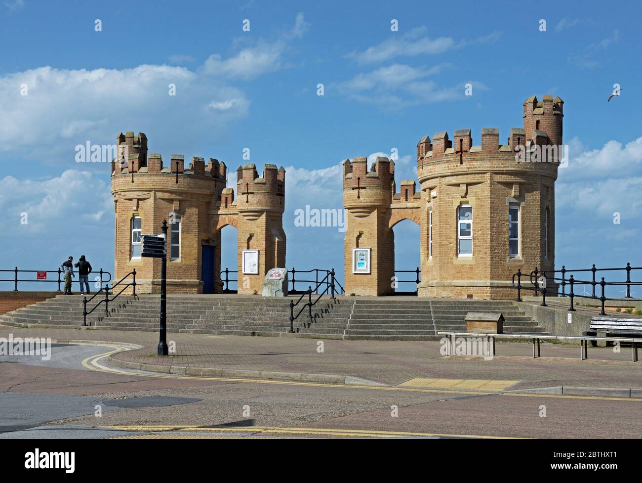 Castellated pier towers, Withernsea, East Yorkshire, England UK Stock Photo