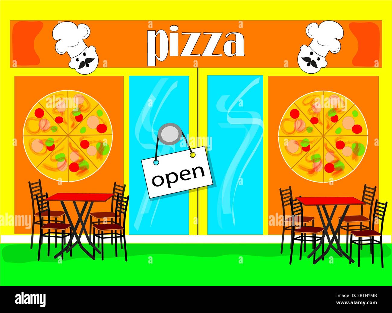 Flat drawing of a pizza shop window . Small business pizzerias. The