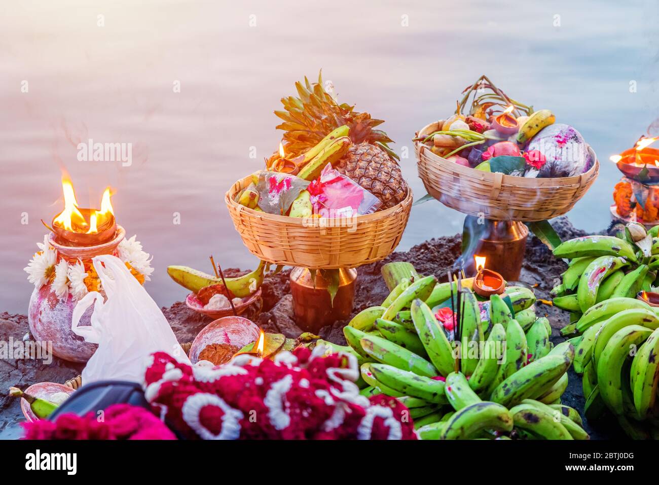 Closeup of various objects with Fruits and Vegetables offered to god at