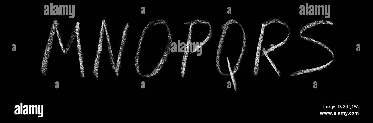 English letters M, N, O, P, Q, R, S hand written in chalk on a blackboard isolated on black background. Capital, uppercase letters. Stock Photo